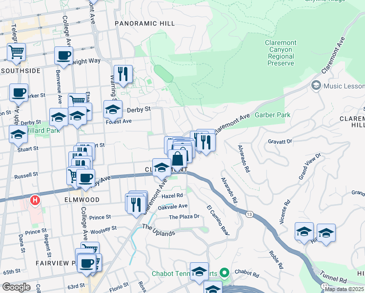 map of restaurants, bars, coffee shops, grocery stores, and more near 2829 Claremont Avenue in Berkeley