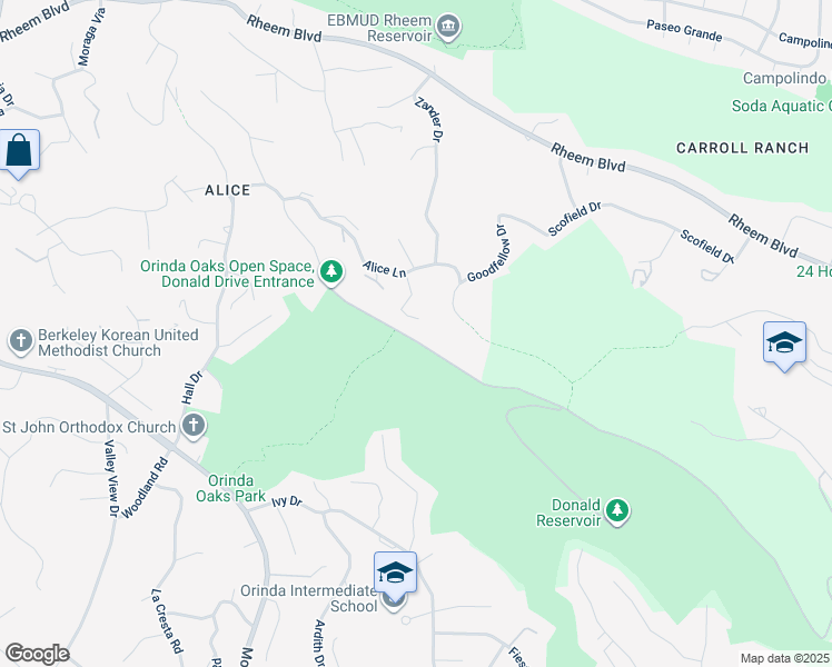 map of restaurants, bars, coffee shops, grocery stores, and more near 75 Donald Drive in Orinda