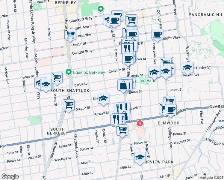 map of restaurants, bars, coffee shops, grocery stores, and more near 2340 Ward Street in Berkeley