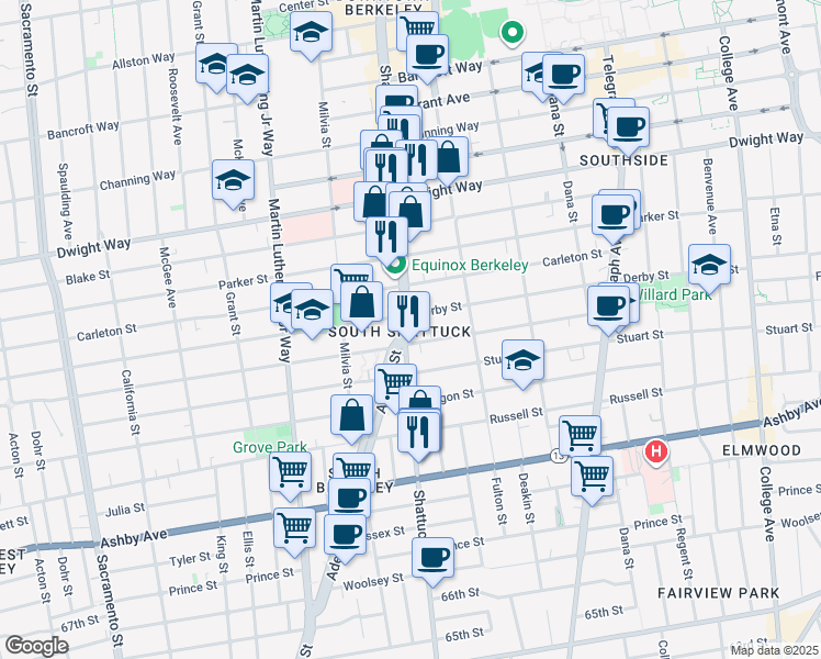 map of restaurants, bars, coffee shops, grocery stores, and more near 2708 Walker Street in Berkeley