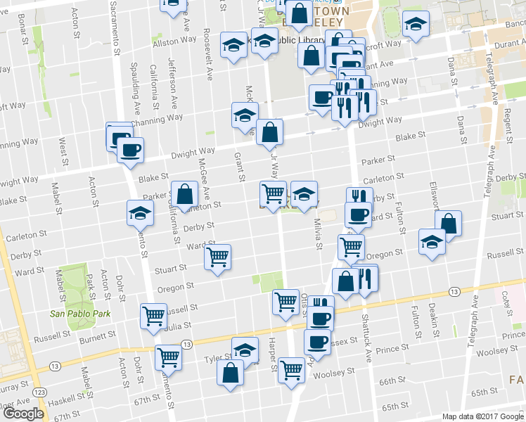 map of restaurants, bars, coffee shops, grocery stores, and more near 1825 Derby Street in Berkeley
