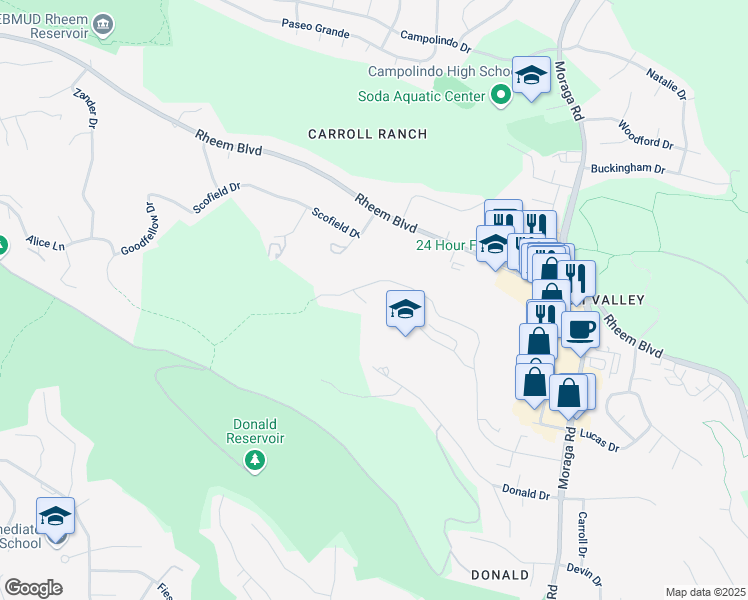 map of restaurants, bars, coffee shops, grocery stores, and more near 41 Ascot Place in Moraga