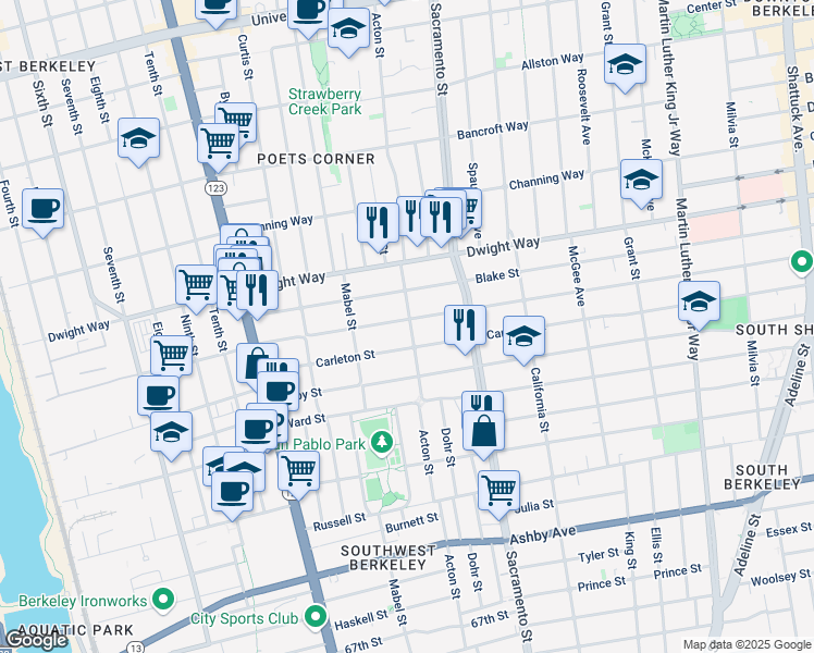 map of restaurants, bars, coffee shops, grocery stores, and more near 1350 Parker Street in Berkeley