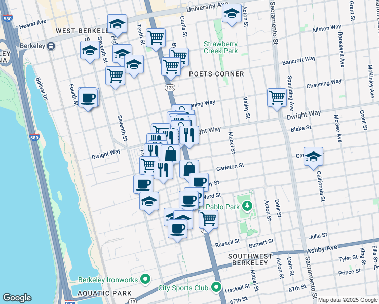 map of restaurants, bars, coffee shops, grocery stores, and more near 2555 San Pablo Avenue in Berkeley