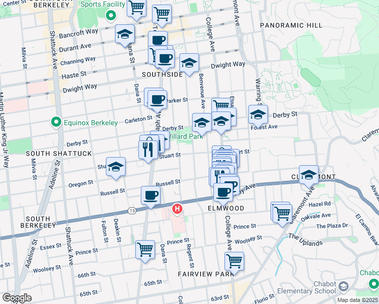 map of restaurants, bars, coffee shops, grocery stores, and more near 2525 Stuart Street in Berkeley