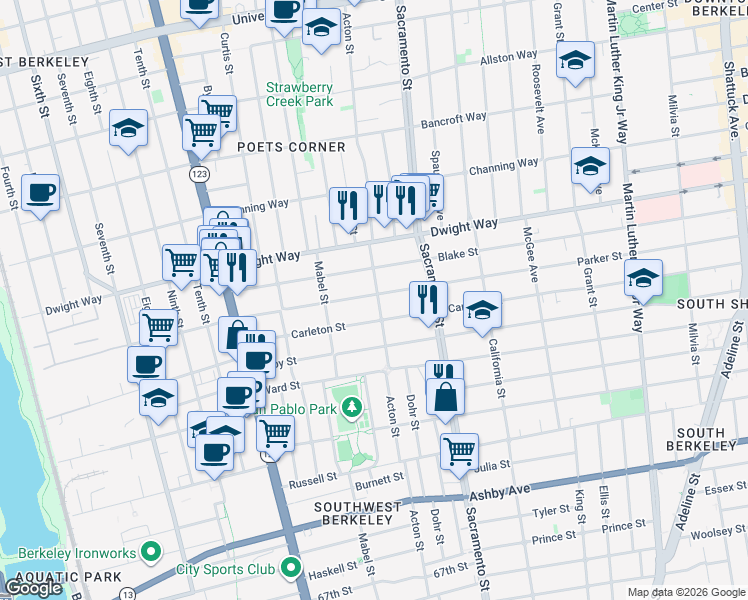 map of restaurants, bars, coffee shops, grocery stores, and more near 1350 Parker Street in Berkeley
