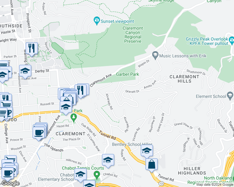 map of restaurants, bars, coffee shops, grocery stores, and more near 1 Gravatt Drive in Berkeley