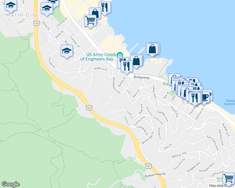 map of restaurants, bars, coffee shops, grocery stores, and more near 141 Woodward Avenue in Sausalito