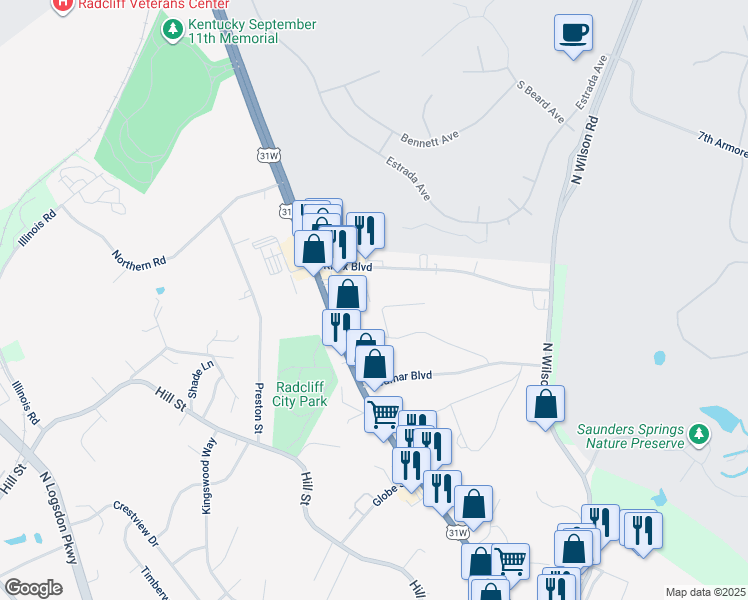 map of restaurants, bars, coffee shops, grocery stores, and more near 200-244 Dogwood Dr in Radcliff