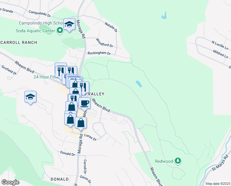 map of restaurants, bars, coffee shops, grocery stores, and more near in Moraga