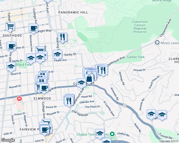 map of restaurants, bars, coffee shops, grocery stores, and more near 2829 Claremont Avenue in Berkeley