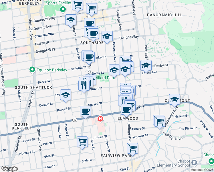map of restaurants, bars, coffee shops, grocery stores, and more near 2525 Stuart Street in Berkeley