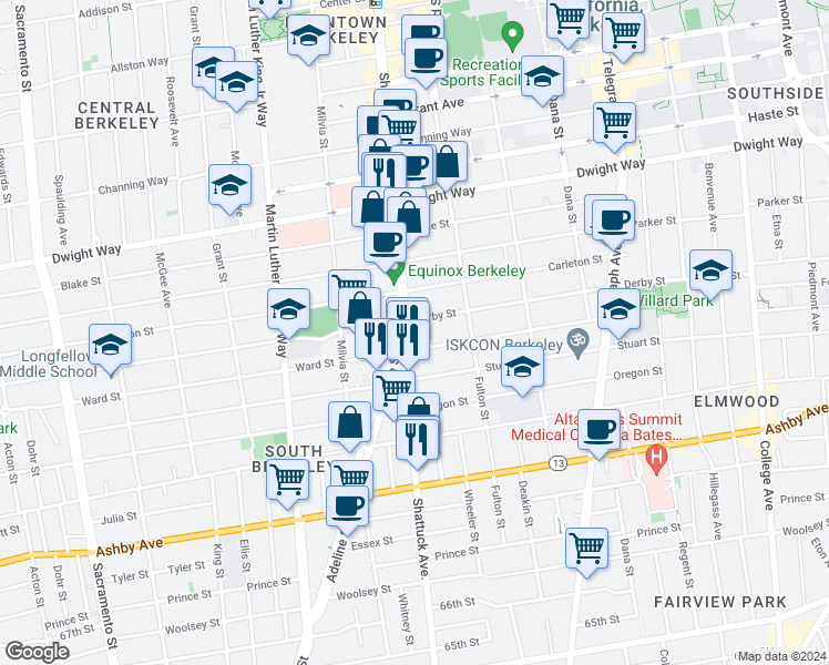 map of restaurants, bars, coffee shops, grocery stores, and more near 2708 Walker Street in Berkeley