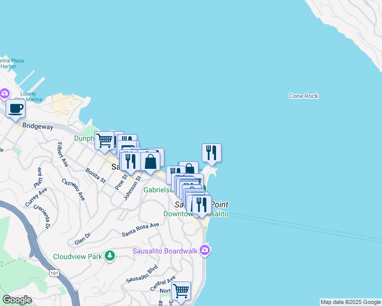 map of restaurants, bars, coffee shops, grocery stores, and more near in Sausalito