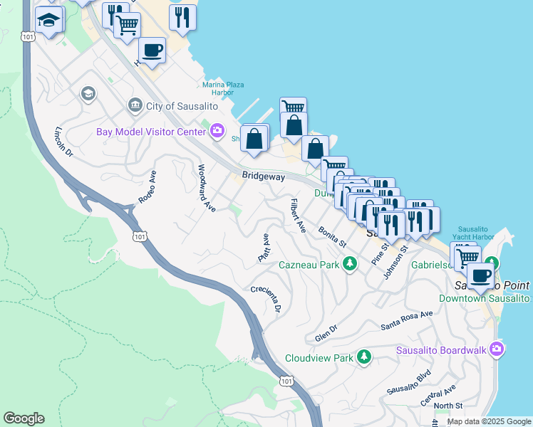 map of restaurants, bars, coffee shops, grocery stores, and more near 26 Woodward Avenue in Sausalito