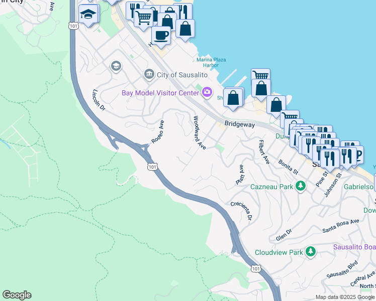 map of restaurants, bars, coffee shops, grocery stores, and more near 20 Gordon Street in Sausalito