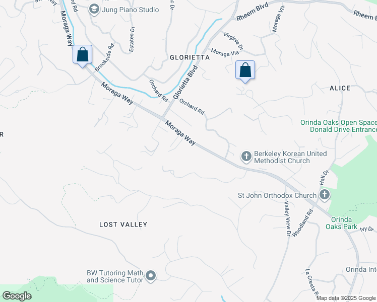 map of restaurants, bars, coffee shops, grocery stores, and more near 416 Moraga Way in Orinda