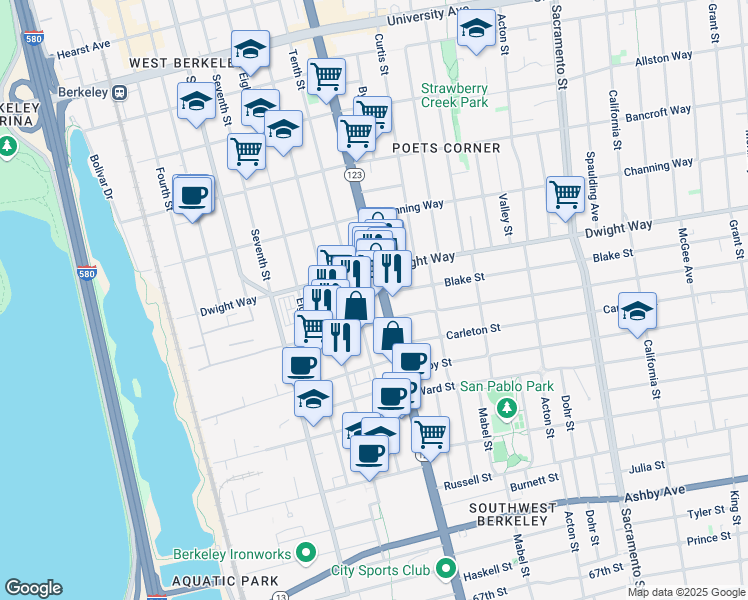 map of restaurants, bars, coffee shops, grocery stores, and more near 2555 San Pablo Avenue in Berkeley