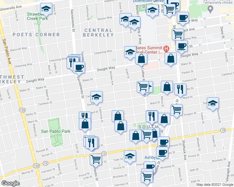 map of restaurants, bars, coffee shops, grocery stores, and more near 1710 Carleton Street in Berkeley