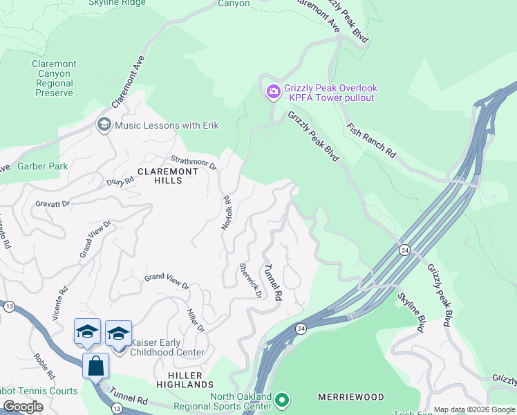 map of restaurants, bars, coffee shops, grocery stores, and more near 7033 Buckingham Boulevard in Berkeley