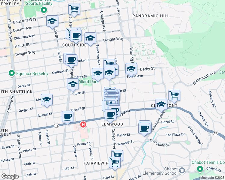 map of restaurants, bars, coffee shops, grocery stores, and more near 2707 Stuart Street in Berkeley