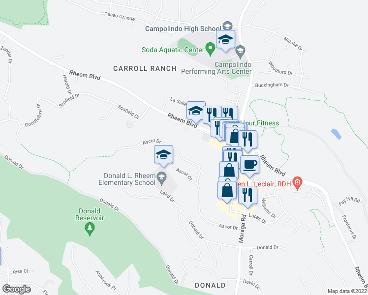 map of restaurants, bars, coffee shops, grocery stores, and more near 1971 Ascot Drive in Moraga