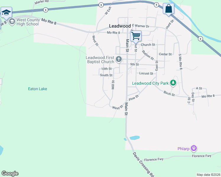 map of restaurants, bars, coffee shops, grocery stores, and more near 1209 Mill Street in Leadwood