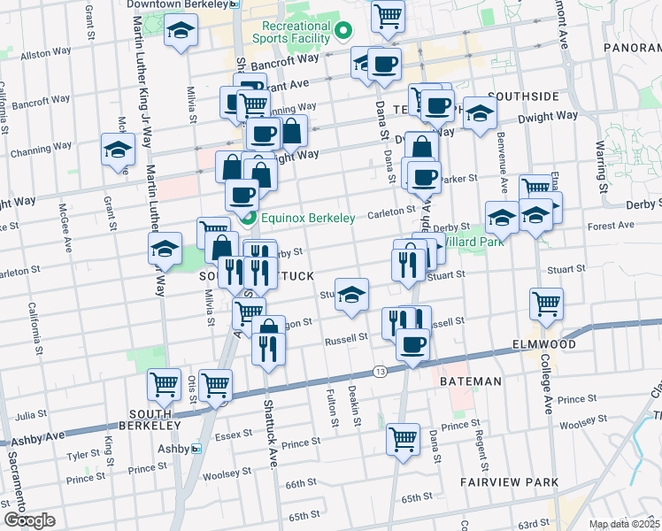 map of restaurants, bars, coffee shops, grocery stores, and more near 2223 Ward Street in Berkeley
