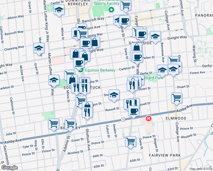 map of restaurants, bars, coffee shops, grocery stores, and more near 2219 Ward Street in Berkeley