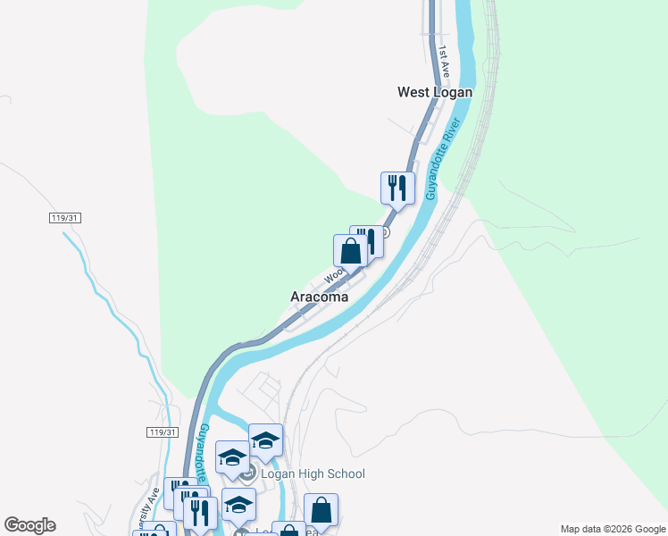 map of restaurants, bars, coffee shops, grocery stores, and more near 169 Wood Avenue in Logan