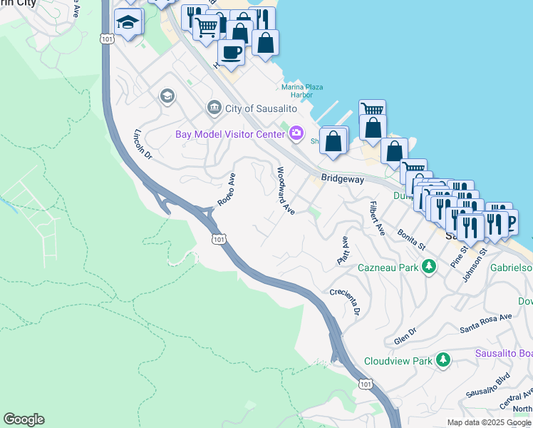 map of restaurants, bars, coffee shops, grocery stores, and more near 20 Gordon Street in Sausalito