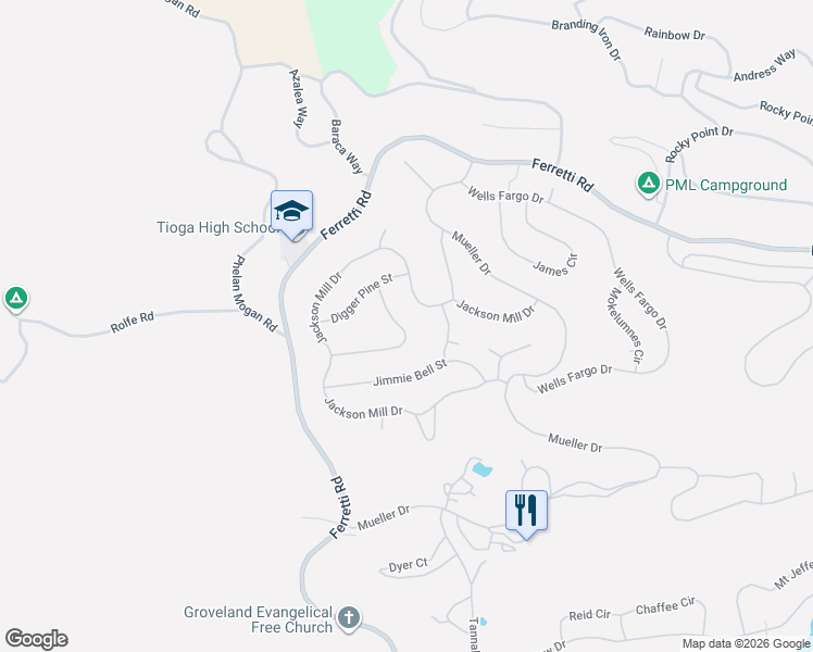 map of restaurants, bars, coffee shops, grocery stores, and more near 13145 Jackson Mill Dr in Groveland-Big Oak Flat