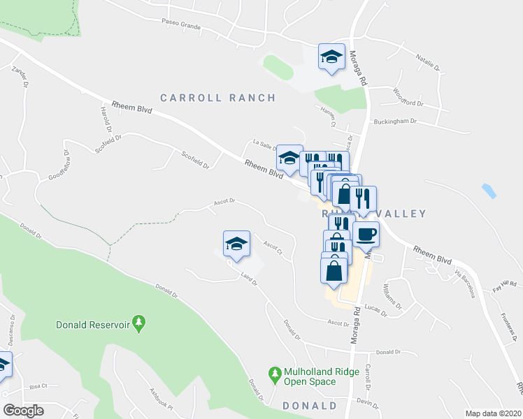 map of restaurants, bars, coffee shops, grocery stores, and more near 1971 Ascot Drive in Moraga