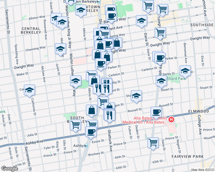 map of restaurants, bars, coffee shops, grocery stores, and more near 2708 Walker Street in Berkeley