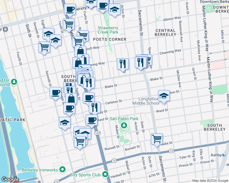 map of restaurants, bars, coffee shops, grocery stores, and more near 1221 Parker Street in Berkeley