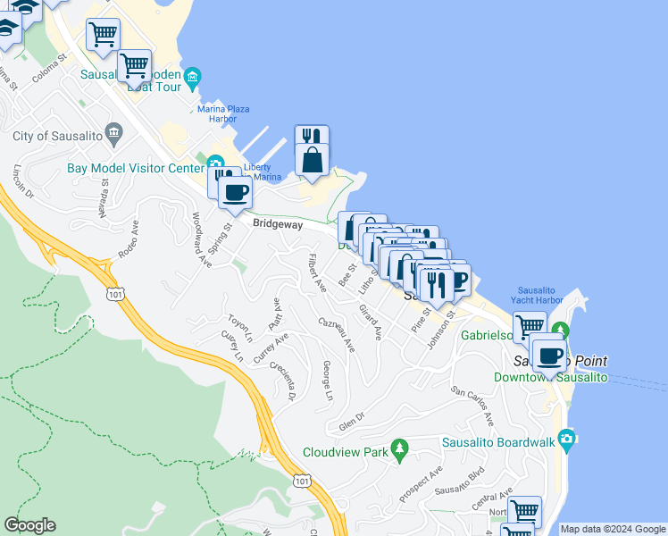 map of restaurants, bars, coffee shops, grocery stores, and more near 427 Napa Street in Sausalito