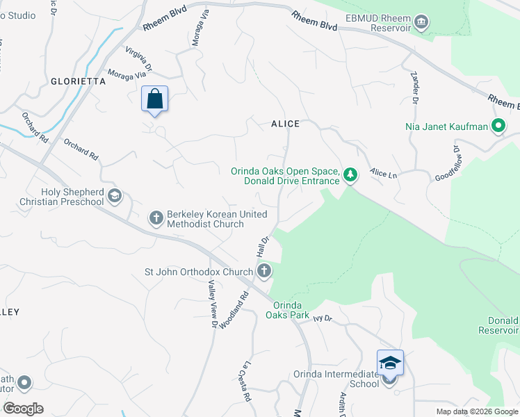 map of restaurants, bars, coffee shops, grocery stores, and more near 18 Daisy Lane in Orinda