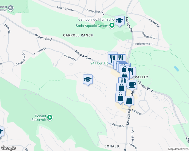 map of restaurants, bars, coffee shops, grocery stores, and more near 1967 Ascot Drive in Moraga