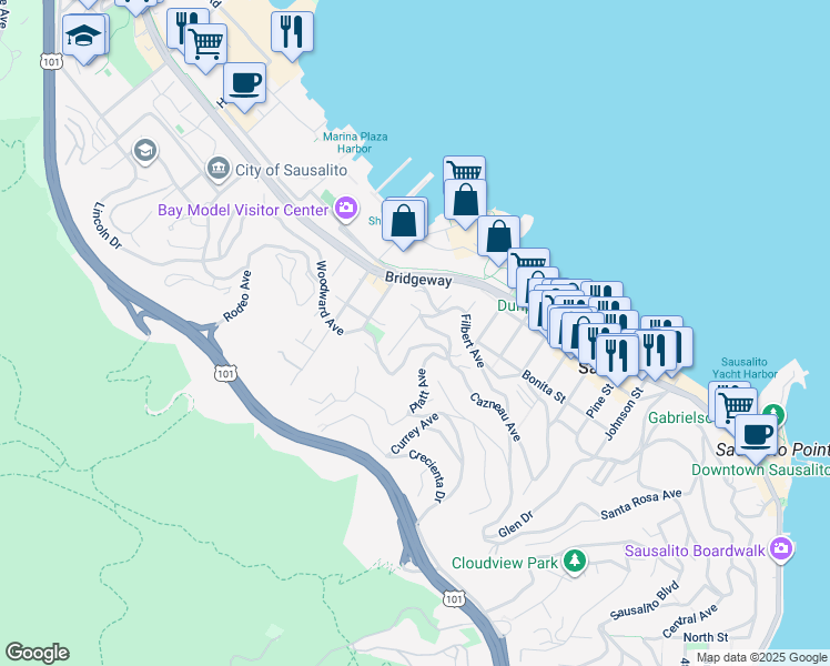 map of restaurants, bars, coffee shops, grocery stores, and more near 45 Marie Street in Sausalito