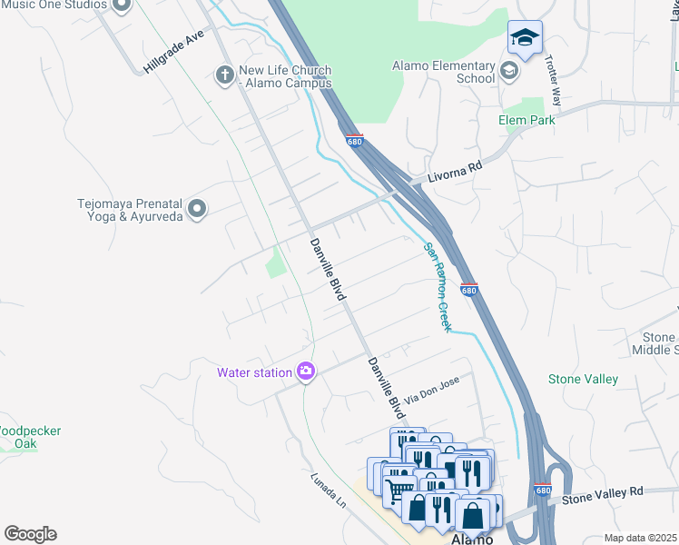 map of restaurants, bars, coffee shops, grocery stores, and more near 1491 Laurenita Way in Alamo