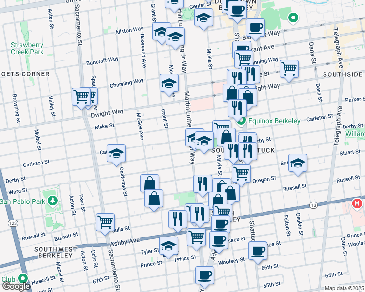 map of restaurants, bars, coffee shops, grocery stores, and more near 1825 Derby Street in Berkeley