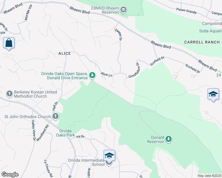 map of restaurants, bars, coffee shops, grocery stores, and more near 75 Donald Drive in Orinda