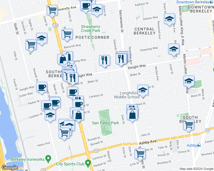 map of restaurants, bars, coffee shops, grocery stores, and more near 1331 Parker Street in Berkeley