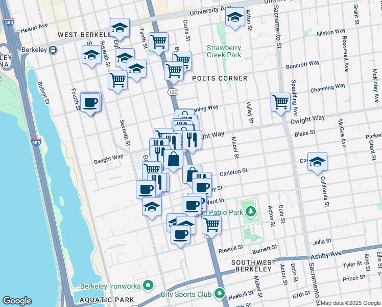 map of restaurants, bars, coffee shops, grocery stores, and more near 2555 San Pablo Avenue in Berkeley