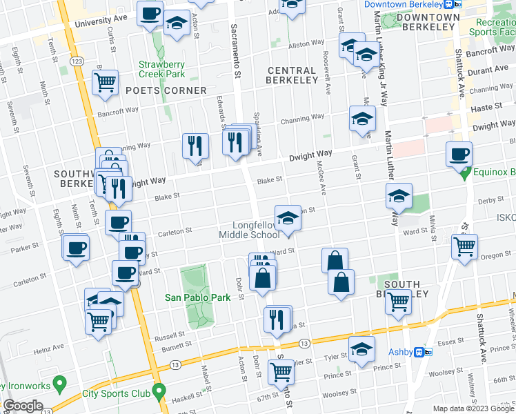 map of restaurants, bars, coffee shops, grocery stores, and more near 2625 Sacramento Street in Berkeley