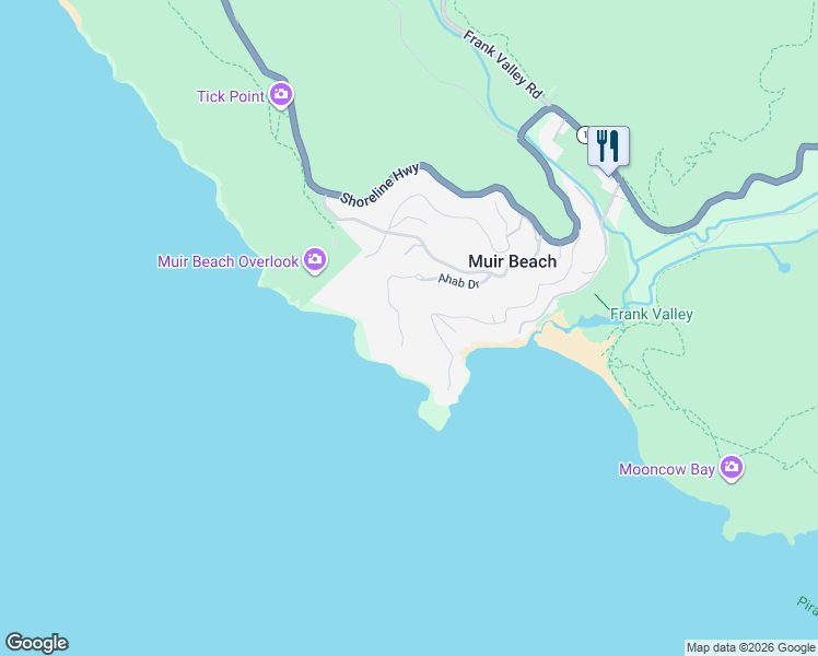 map of restaurants, bars, coffee shops, grocery stores, and more near 150 Charlottes Way in Muir Beach