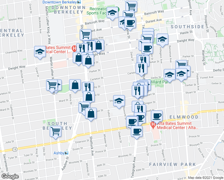 map of restaurants, bars, coffee shops, grocery stores, and more near 2219 Ward Street in Berkeley
