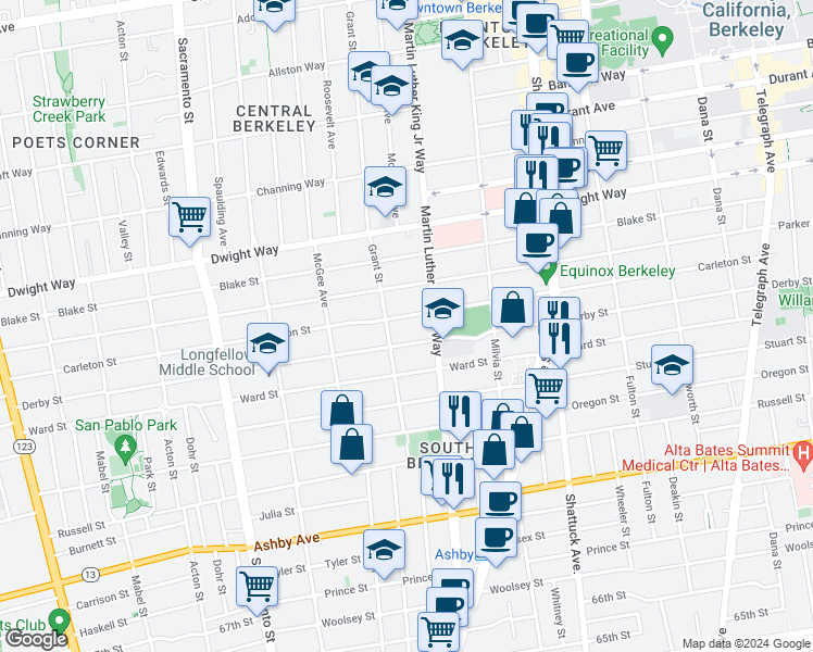 map of restaurants, bars, coffee shops, grocery stores, and more near 1825 Derby Street in Berkeley