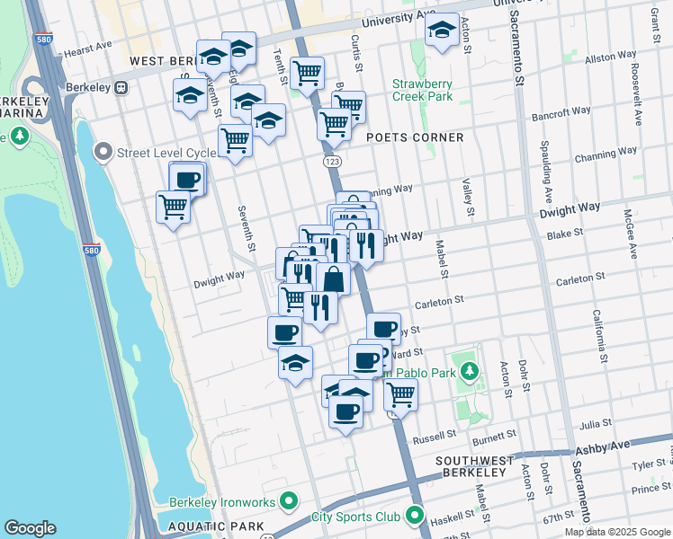 map of restaurants, bars, coffee shops, grocery stores, and more near 2521 Tenth Street in Berkeley