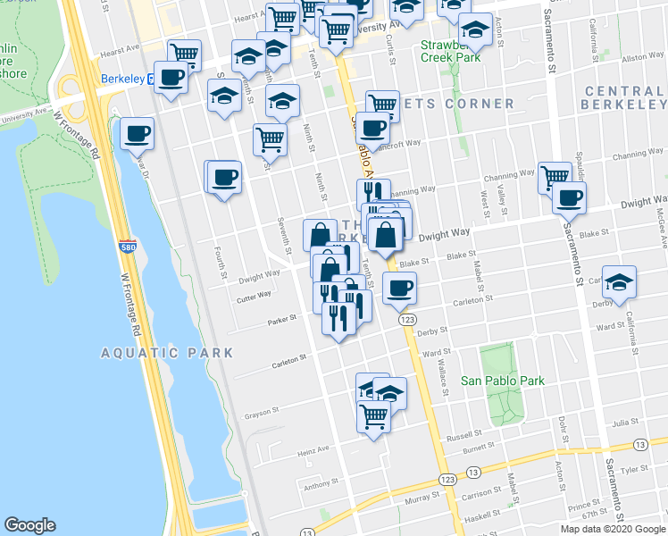 map of restaurants, bars, coffee shops, grocery stores, and more near 2512 Ninth Street in Berkeley